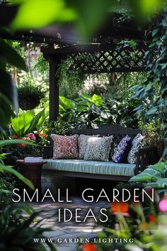 small garden ideas by the garden lighting company, featuring an outdoor bench and potted plants