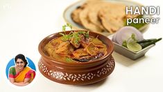 a woman sitting in front of a bowl of food with the words handi poaner on it