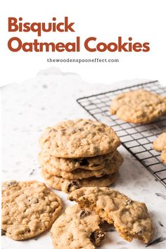 oatmeal cookies on a cooling rack with the words, bisquick oatmeal cookies