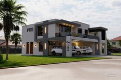 two cars are parked in front of a modern style house with palm trees and grass