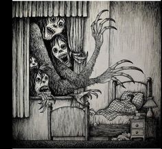 a black and white drawing of two people in bed with monster heads on their head