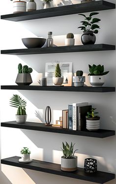 three black shelves filled with potted plants and books