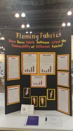 a display at a science fair with information about the effects of fiber filaming fabrics