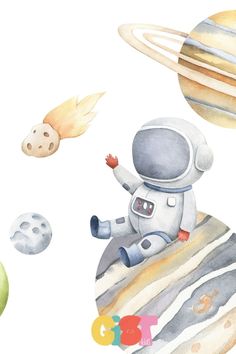 an astronaut is flying over the planets with his hands in the air and other objects around him