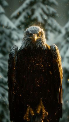 an eagle sitting on top of a snow covered tree branch in front of some trees