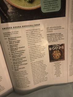 a recipe book with an image of broccoli soup in the middle and other ingredients