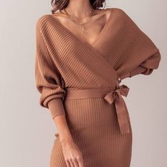 Beautiful Wrap Dress Camel Sweater Dress, Tree Dresses, Cozy Sweater Dress, Wrap Sweater Dress, Tree Dress, Plus Size Fall Outfit, Ribbed Sweater Dress, Long Sleeve Wrap Dress, Grey Sweater Dress