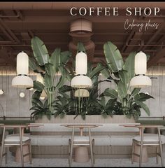 the interior of a coffee shop with tables, chairs and potted plants on display