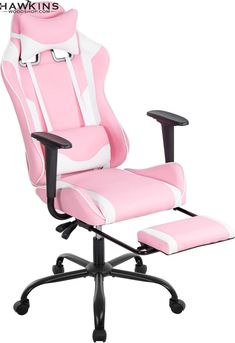 pink and white office chair with footrests on the back, in front of a white