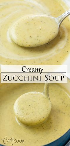 creamy zucchini soup in a blue bowl with a spoon