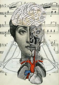 a drawing of a human head with music notes in the background