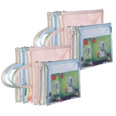 four bags with pictures on them in different colors