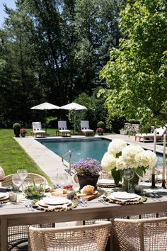 an outdoor dining table set with place settings near a swimming pool in the back yard