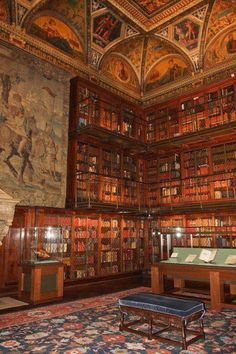 a room with many bookshelves and paintings on the walls, along with a bench