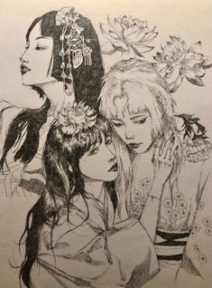 three girls with flowers in their hair