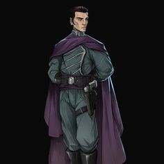 a man in a purple cape and black boots is standing with his hands on his hips