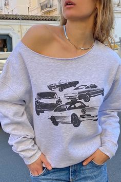 Sweatshirt with Cars print, raw-cut neckline, regular length, relaxed fit. Cut Neckline Sweatshirt Outfit, How To Cut Sweatshirt Neckline, Cut Neckline Sweatshirt, Cars Sweatshirt, Short Fringe, Clothing Trends, Cut Sweatshirts, Girls Collection, Sweatshirt Outfit