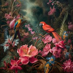 two parrots are sitting on a branch surrounded by pink flowers and other tropical plants