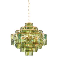 a green chandelier hanging from a gold chain