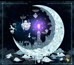 a drawing of the moon with all its major cities on it's side and stars in the sky