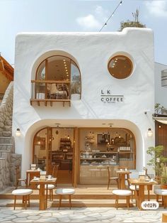 the outside of a coffee shop with tables and chairs