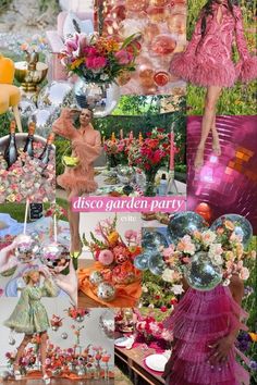 a collage of photos with pink, orange and green colors in the center is an image of a disco garden party