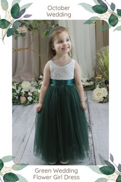 Green wedding with flower girl in October wedding green dress Flower Girls Green Dresses, Full Length Flower Girl Dress, Matching Bridesmaids Dresses, Wedding Kids Outfit, Green Flower Girl Dresses, 21st Ideas, Girl Green Dress, Sleeveless Flower Girl Dresses, Whimsical Flower