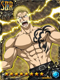 an anime character with his arms out and lightning in the background