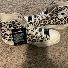 Women’s Converse High Top Sneakers. Cheetah Print On One Side, Black Sparkly On The Other Side. Never Worn. Tag Still Attached Cheetah Converse, Cheetah Print Converse, Dior Converse, Leopard Print Converse, Leopard Converse, Sparkly Converse, Fringe Sneakers, Cute Converse Shoes, Cheetah Print Shoes