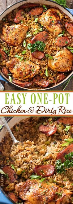 one pot chicken and dirty rice is shown with the words easy one pot chicken and dirty rice