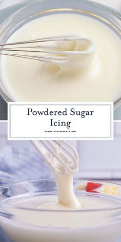 the ingredients to make homemade powdered sugar icing are in a glass bowl with a whisk