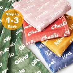 five towels stacked on top of each other with the words ship in 13 days printed on them