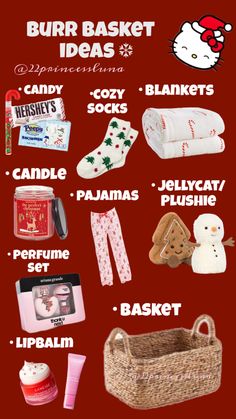 the contents of a hello kitty christmas gift set on a red background with text that reads,