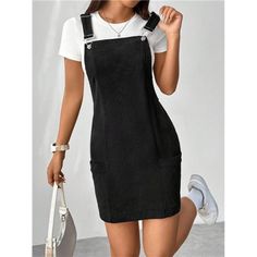 -Item Id 28903886 -Details: Button, Pocket -Neckline: Straps -Style: Casual -Type: Pinafore -Waist Line: Natural -Hem Shaped: Straight -Color: Black -Pattern Type: Plain -Sleeve Length: Sleeveless -Length: Short -Fit Type: Regular Fit -Fabric: Slight Stretch -Material: Rib Knit -Composition: 97% Polyester, 3% Elastane -Care Instructions: Machine Wash Or Professional Dry Clean -Pockets: Yes -Sheer: No **Open To Offers!!!** **Bundle To Save More** **30% Off Bundles Of 2 Or More Items!!** ***Orders Casual Pinafore Dress For Work With Buttons, Casual Workwear Pinafore Dress With Buttons, Casual Mini Pinafore Dress With Pockets, Black Corduroy Overall Dress Outfit, Black Cotton Mini Dress With Pockets, Black Denim Overall Dress, Casual Fitted Black Pinafore Dress, Black Fitted Knee-length Suspender Dress, Casual Knee-length Fitted Pinafore Dress