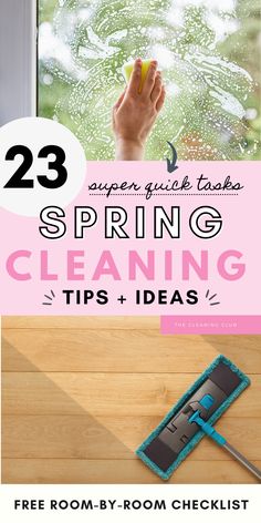 the words spring cleaning tips and ideas are in front of a window with a hand holding a