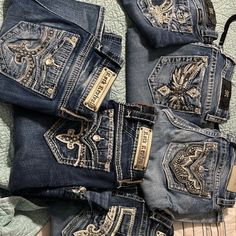 8pair Of Rock Revival & Miss Me Jeans $100 Each Missme Jeans Outfits, Bleached Jeans Design, Clothes Latina, 2000s Vibes Aesthetic, Rock Rival Jeans, Mexican Jeans, Miss Me Jeans Outfit, Mcbling Clothes, Mcbling Jeans