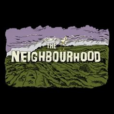 the neighborhood sign is shown in front of a dark background with clouds and grass on it