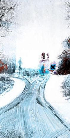 a painting of a road in the middle of winter