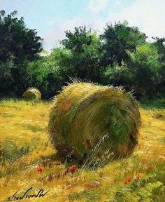 a painting of hay bales in a field