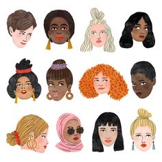 six different women's heads with different hair colors and hairstyles on them