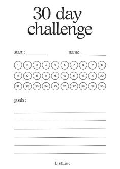 the 30 day challenge worksheet is shown in black and white, with numbers on it