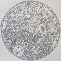 a drawing of a circular area with lots of buildings and trees in the center, surrounded by smaller circles