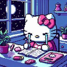 an image of a hello kitty writing on a desk in front of a window and potted plant