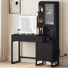 a black desk with some bottles on it and a mirror in the corner next to it