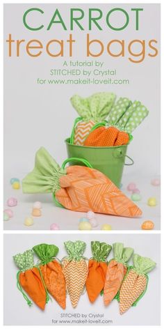 carrot treat bags are made from fabric and have green bows on the top, and orange carrots in the bottom