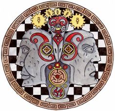 two faces with gears on their heads are depicted in a circular design that appears to be made out of ceramic tiles