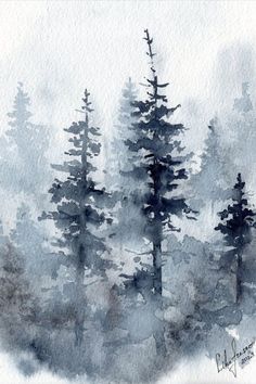 watercolor painting of trees in the snow