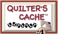 a sign that says quilter's cache with an image of a hand holding a sewing machine