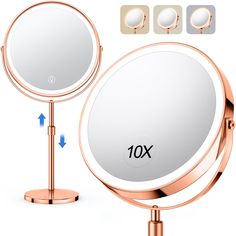 the 10x magnifying mirror is shown with three different angles to choose from