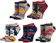 PRICES MAY VARY. 5-PACK - This Wonder Woman ankle sock set features five different designs created using 200-needle construction technology, which produces sharper detailed images with long-lasting color SIZING: These Wonder Woman ankle socks fit a sock size of 9-11 and a shoe size of 5-10. OFFICIALLY LICENSED - These pieces of fan merchandise from Wonder Woman are officially licensed and 100% authentic, making them the perfect gift for devoted fans HIGH-QUALITY MATERIALS - The poly-spandex blen Superhero Socks, Dc Comics Women, Superhero Fashion, Best Superhero, Ankle Socks Women, Youth Shoes, Sock Packs, Crazy Socks, No Show Socks